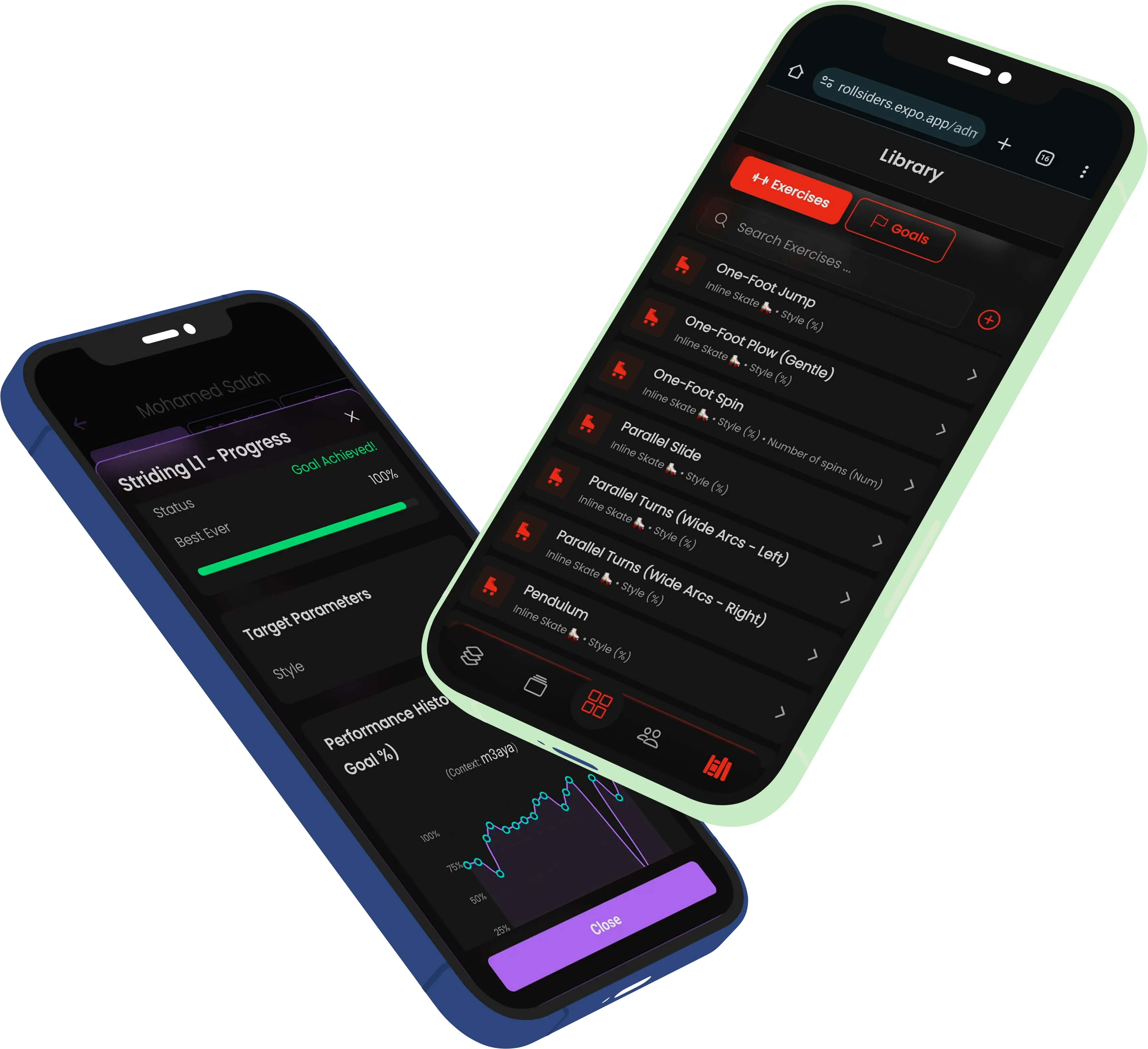 Various user interface cards from the VitaQ platform, including an admin dashboard and a trainee progress screen, demonstrating the app's features.